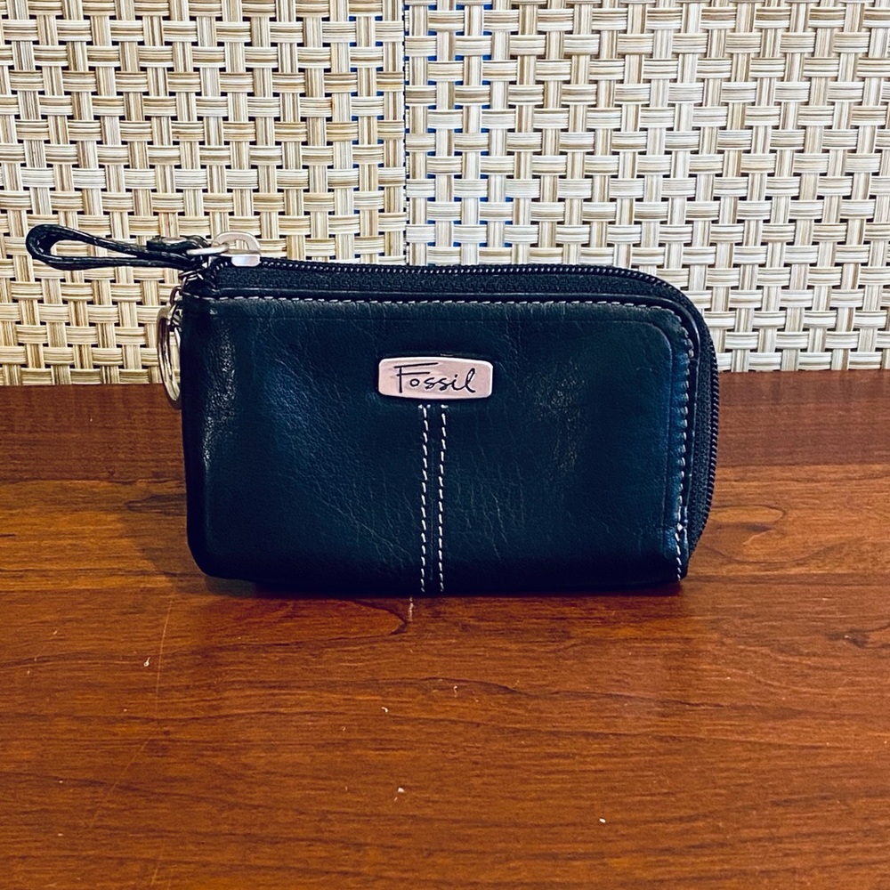 VTG 1990s Fossil Black Leather Key Ring Zippered Wallet
